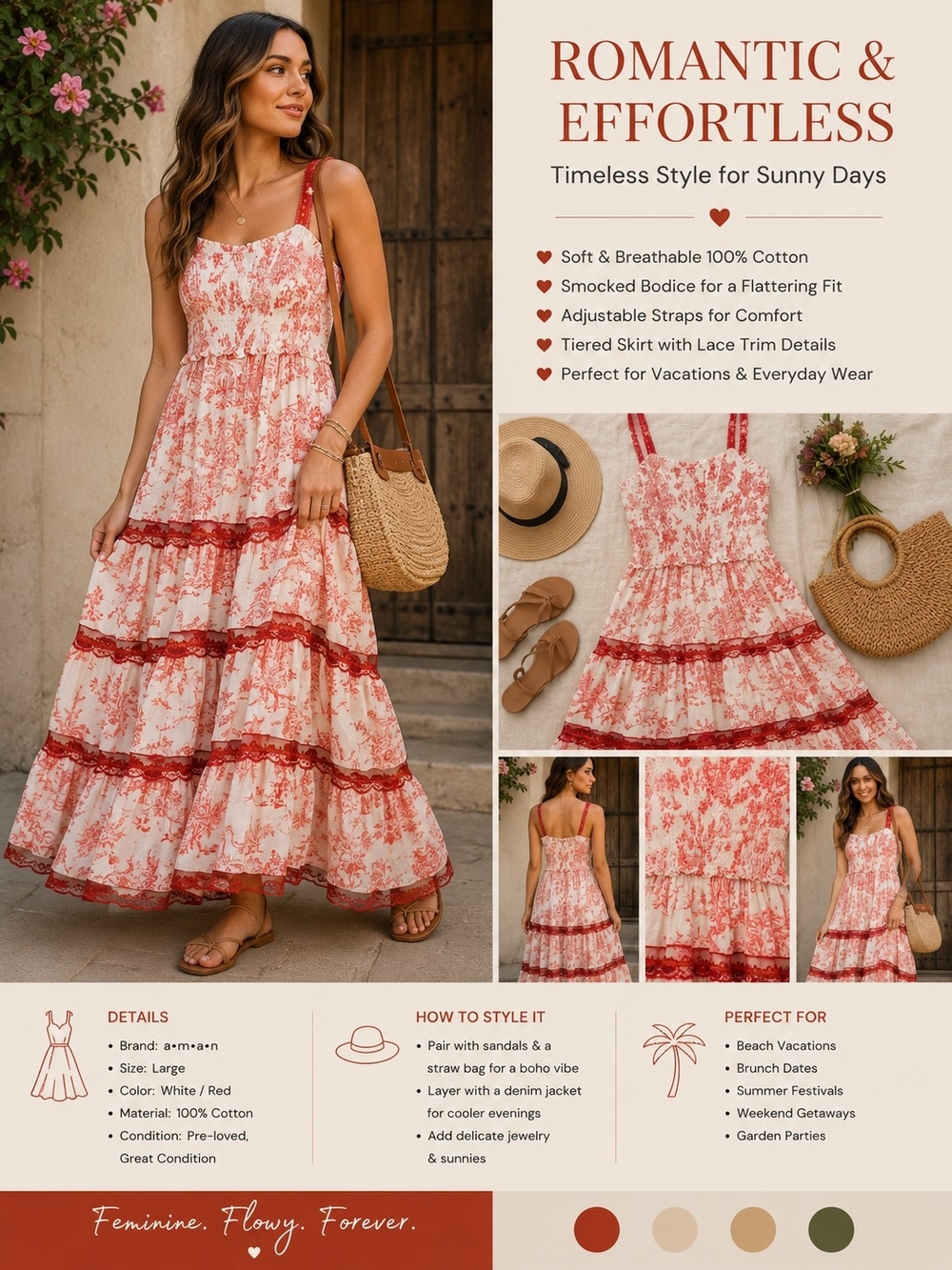 Romantic Smocked Maxi Dress - Red & White
